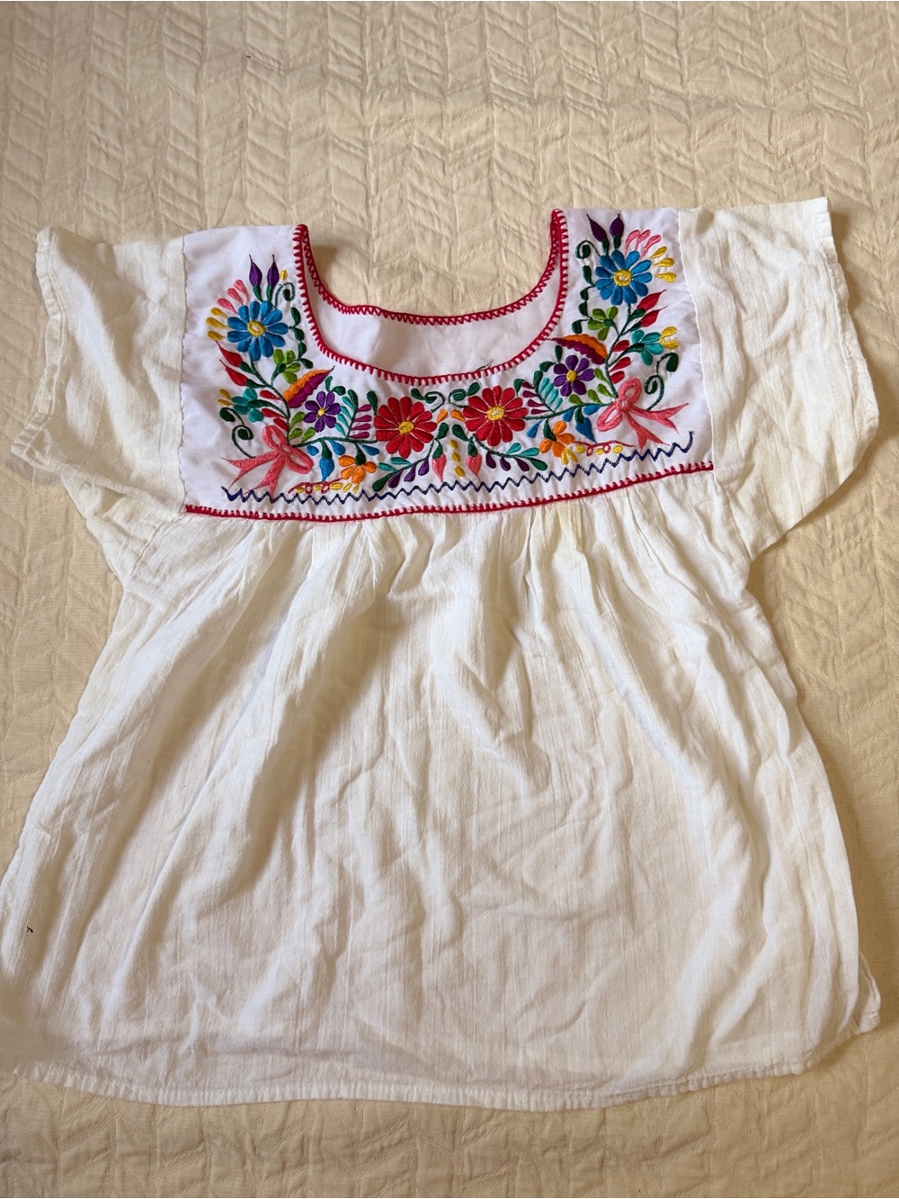 White Embroidered Floral Peasant Tunic - Multicolor